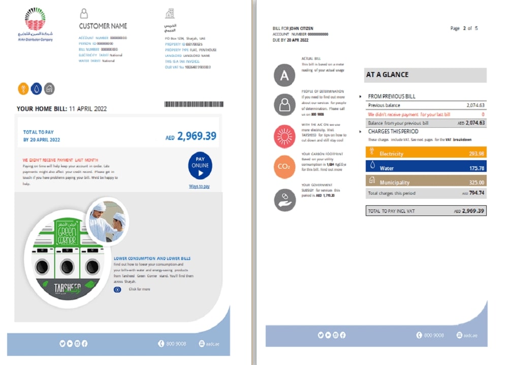 UAE Sharjah Al Ain Distribution Co. Word and PDF utility bill template (5 pages) 1 2